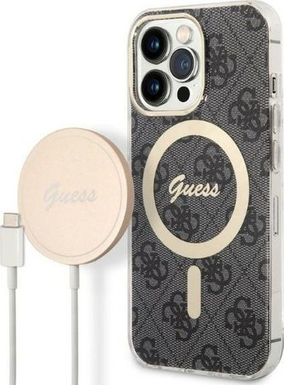 Set aksesorësh Guess GUBPP13LH4EACSK për iPhone 13 Pro, kapak i fortë MagSafe edhe karikues wireless, i zi