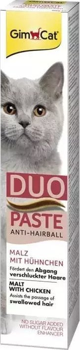 Паста против голтање влакна за мачки GimCat Anti Hairball Duo, со слад и пилешко, 3x50g