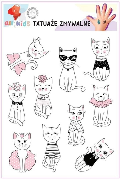 Set tatuazhesh të përkohshme për fëmijë Kittens 1, të larshme, motive kotele, shumëngjyrëshe
