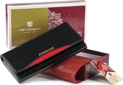 Portofol lëkure për gra Peterson PTN BC-467, RFID, me xhep monedhash kiss lock, i zi me të kuqe