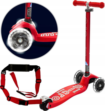 Trotinet për kalamoj Micro Maxi Deluxe LED, timon i rregullueshëm, 3 rrota, i kuq
