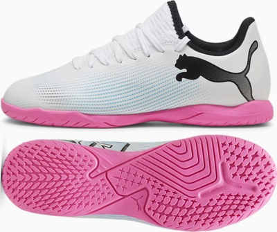 Këpucë futbolli për sallë Puma Future 7 Play IT Jr, për kalamaj, taban gome, të bardha me rozë