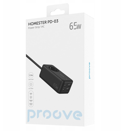 Zаштитен продолжен кабел со приклучници Proove Homester PD-03, 2x USB, 2x USB-C 65W, кабел 1.5m, бел