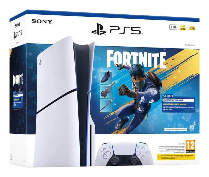 Konzolë Sony PlayStation 5 Slim, 1TB, me Fortnite Blooming Chaos, e bardhë
