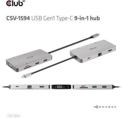 Club3D HUB USB-C 9v1, HDMI, VGA, 2x USB-A Gen1, RJ45, SD, PD 100W