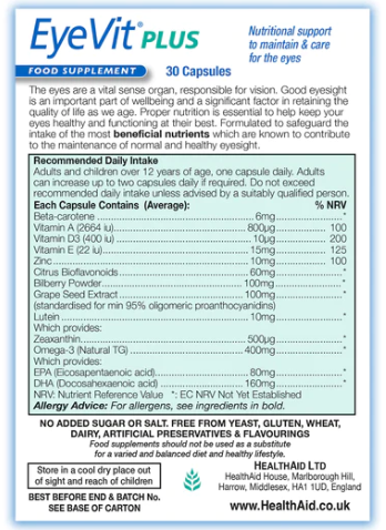 Kapsula EyeVit Plus nga HealthAid, 30 copë