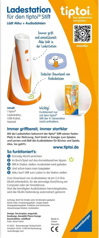 Stacion karikimi Ravensburger tiptoi Ladestation me Wi‑Fi, për stilolaps gjenerata e 4‑t, portokalli me të bardhë