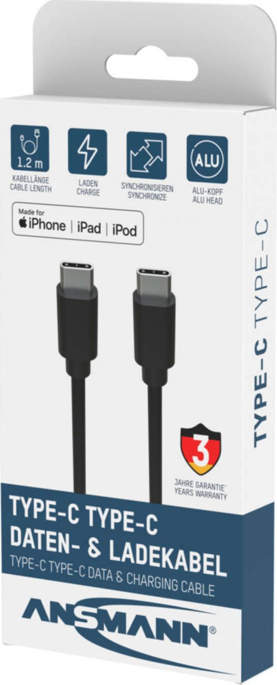 Kabllo USB Ansmann USB C në USB C, 1.2m, 60W 3A, e zezë