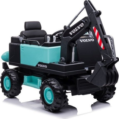 Eskavator elektrik për kalamaj Volvo, me goma të mëdhaja, me krah gërmimi që punon, i zi me jeshile