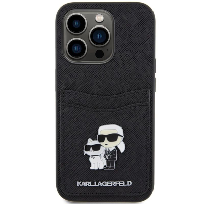 Mbulesë telefoni Karl Lagerfeld Saffiano me xhep për kartela, për iPhone 15 Pro, e zezë
