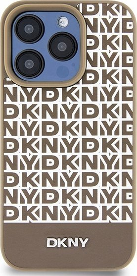 Kapak telefoni DKNY me lëkurë PU, me figura të logo-s dhe vijë poshtë, MagSafe, për iPhone 15 Pro, kafe