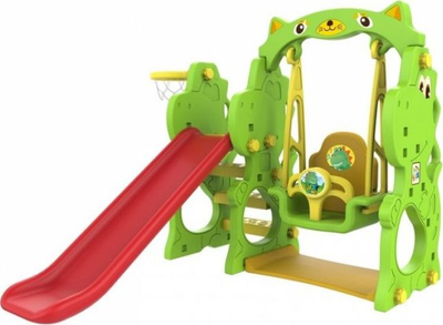 Set lodrash kopshti DINO, rrëshqitëse 140cm, luhatëse dhe basketboll, jeshil me të kuqe