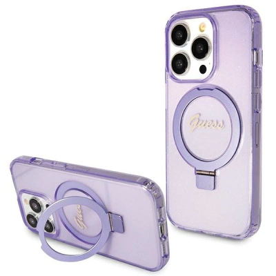 Kuti mbrojtëse Guess GUHMP15LHRSGSU për iPhone 15 Pro, MagSafe, me unazë, vjollcë me shkëlqim