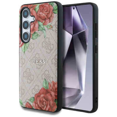 Mbulesë telefoni Guess 4G Flowers Print për Samsung Galaxy S25, lëkurë eko, MagSafe, rozë