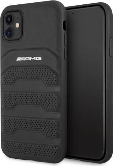 Mbrojtëse telefoni Mercedes AMG me lëkurë të stampuar, për iPhone 11, lëkurë, e zezë