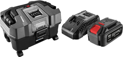 Fshesë industriale Graphite 58GE105, pa kabllo 18 V, bateri 4 Ah me karikues, gri e zezë