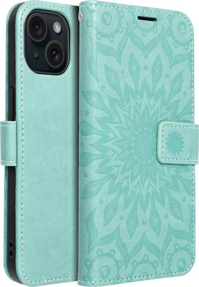 Këllëf telefoni Mezzo Book Mandala për iPhone 15, lëkurë ekologjike, me portofol, jeshil