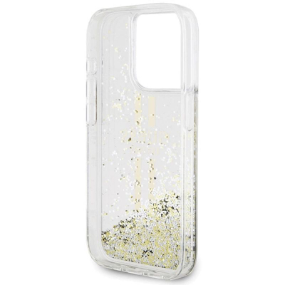 Kapak telefoni Guess Liquid Glitter Gold Stripes, për iPhone 15 Pro Max,transparent