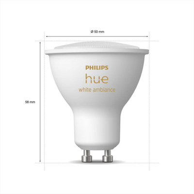 Llambë smart Philips Hue White Ambiance GU10, dritë e bardhë e rregullueshme, kontroll me Bluetooth, e bardhë