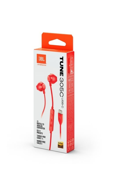 Слушалки со кабел JBL Tune 305C, во уво, USB Type-C, црвени