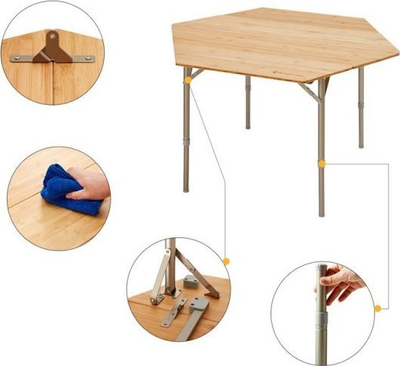 Tavolinë kampingu KingCamp Bamboo Hexagonal, 100cm, lartësi e rregullueshme, kafe