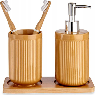 Set banjoje Ceramic Bamboo, 3 copë, qeramikë dhe bambu, ngjyrë camel