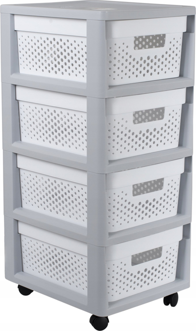 Komodinë plastike Curver Infinity Openwork Shelf, 4 sirtarë nga 10L, gri me të bardhë