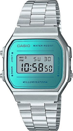 Ora dore Casio A168WEM 2EF, digjitale, rrip metalik, argjendtë