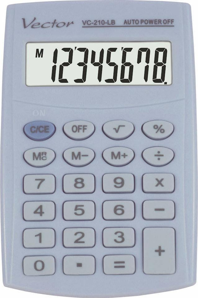 Kalkulator xhepi Vector KAV VC-210 LB, 8 shifra, 64 x 98 mm, blu e çelët