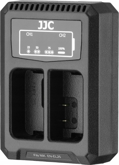 Karikues dual USB për bateri JJC Nikon DCH ENEL25, për 2 bateri, i zi