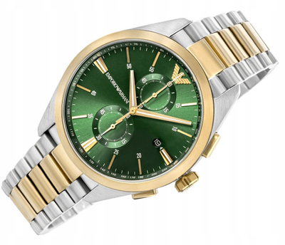 Orë burrash Emporio Armani kronograf, çelik inox dyngjyrësh, 43mm, ar me argjend