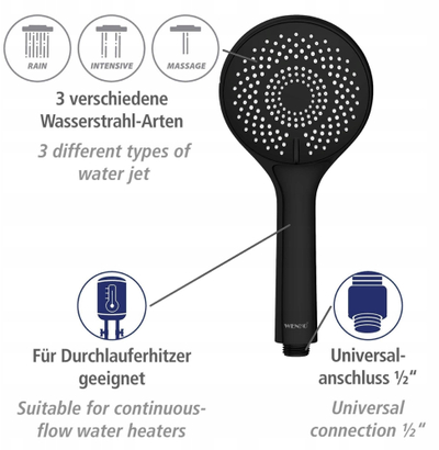 Kokë dushi WENKO Watersaving, 11 cm, 3 rryma, e zezë mat