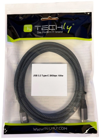 Kabllo USB C Techly, 3.2, 5A 100W, 2m, e zezë