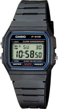 Orë digjitale Casio F-91W-1YEG, rezistente ndaj ujit, ekran ndriçues, e zezë
