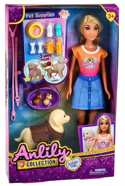 Kukull LeanToys Anlily me qen të madh, këlyshë dhe aksesorë, shumëngjyrëshe