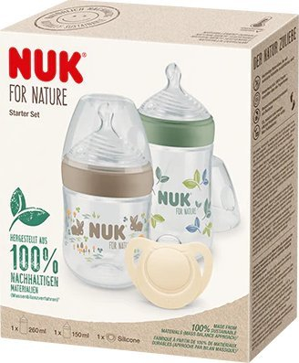 Set biberonësh dhe qetësuesesh NUK For Nature Start, 150 ml dhe 260 ml, 0–6 muaj, pa BPA