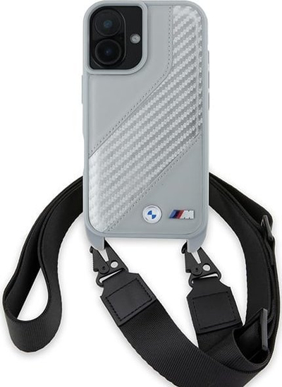 Kapak telefoni BMW M Series Carbon Stripe me rrip, për iPhone 16 6.1", efekt karboni, gri