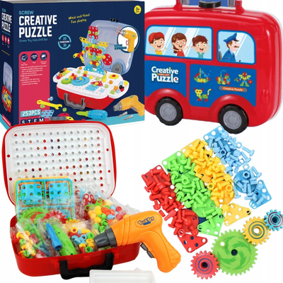 Lodër ndërtimi Creative Puzzle, 253 copa, kaçavidë elektrike, valixhe autobus i kuq