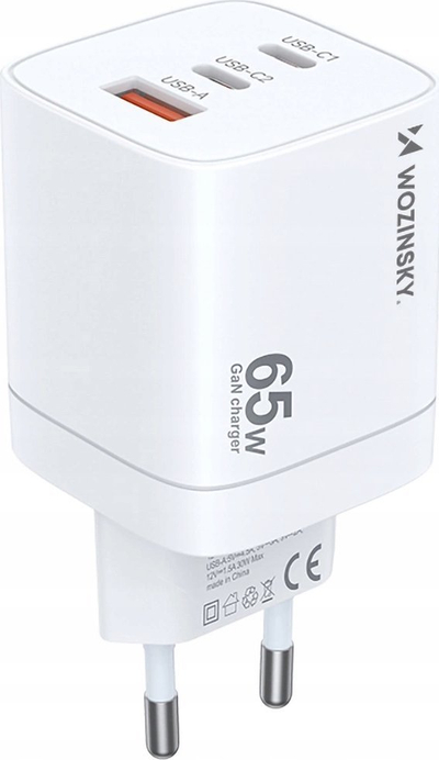 Karikues muri Wozinsky GaN Cgwcw, 65W, 2x USB C dhe USB A, i bardhë