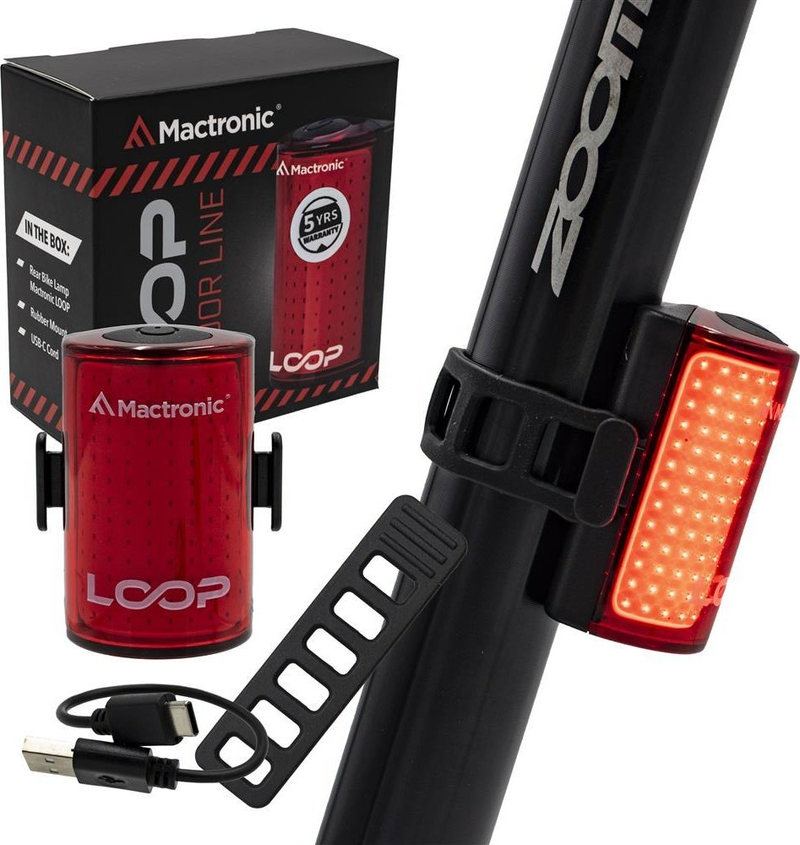 Dritë e pasme biçiklete Mactronic Loop, 25 lm, USB e rikarikueshme, e kuqe