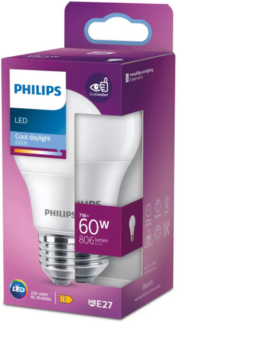 Llamba Philips LED A60 E27, 7W, 806lm, 6500K, e bardhë