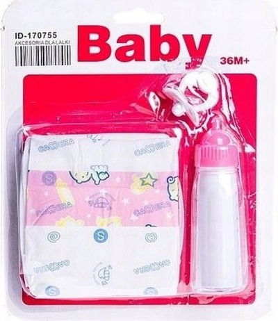 Set aksesorësh për kukulla Adar Diaper and Bottle 540835, biberon 12.5 cm, pelenë për kukull, rozë