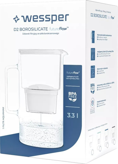 Кана за филтрирање вода Wessper Glass, 3L, рачен индикатор за филтер, транспарентна