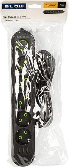 Paraloidhje rryme Blow PS-530, 5 priza, 3x USB, 3m, e zezë