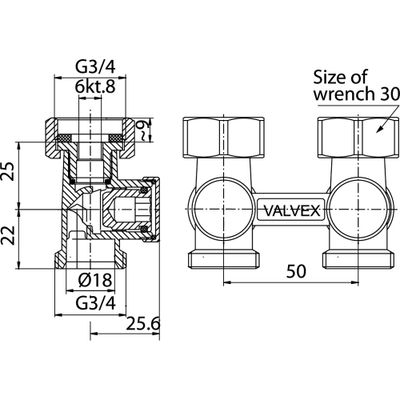 Valvul radiator Valvex Straight 1480030, 1/2x3/4", për ngrohje