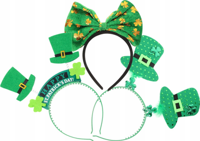 Rripa feste për kokë St. Patrick, set 3 copë, me motive leprechaun, jeshile