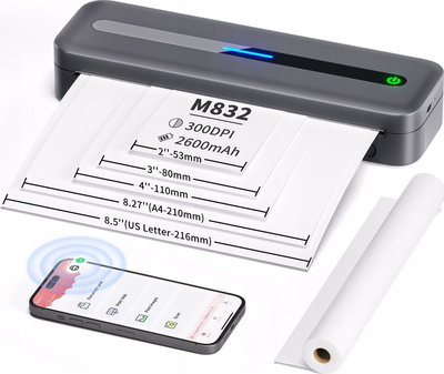 Принтер за етикети Phomemo M832, термички пренослив A4, Bluetooth, сив