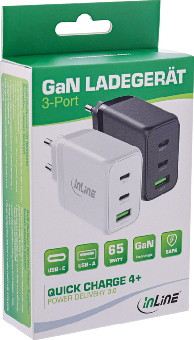 Ѕиден полнач InLine GaN, 65W, 3 порти USB C и USB A, бел