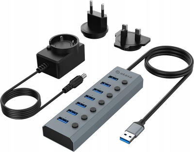 Hub USB Akasa Connect 7 IPS, 7 porta USB 3.0 Type A, me furnizim rryme, gri