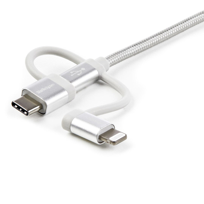 Kabllo karikimi StarTech 3 në 1, USB A në Micro USB USB C Lightning, 1m, ngjyrë argjendtë